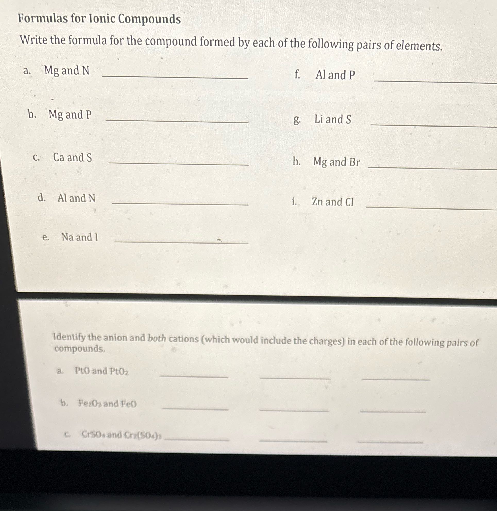 Formulas for Ionic Compounds Write the formula