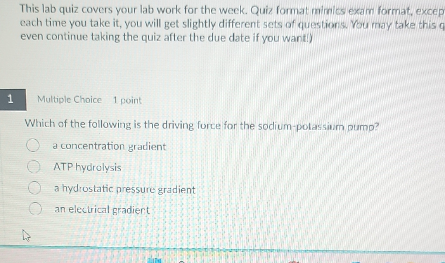 This lab quiz covers your lab work for the week.