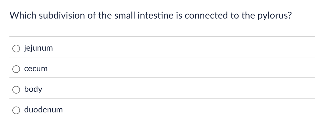Answer Which subdivision of the small intestine