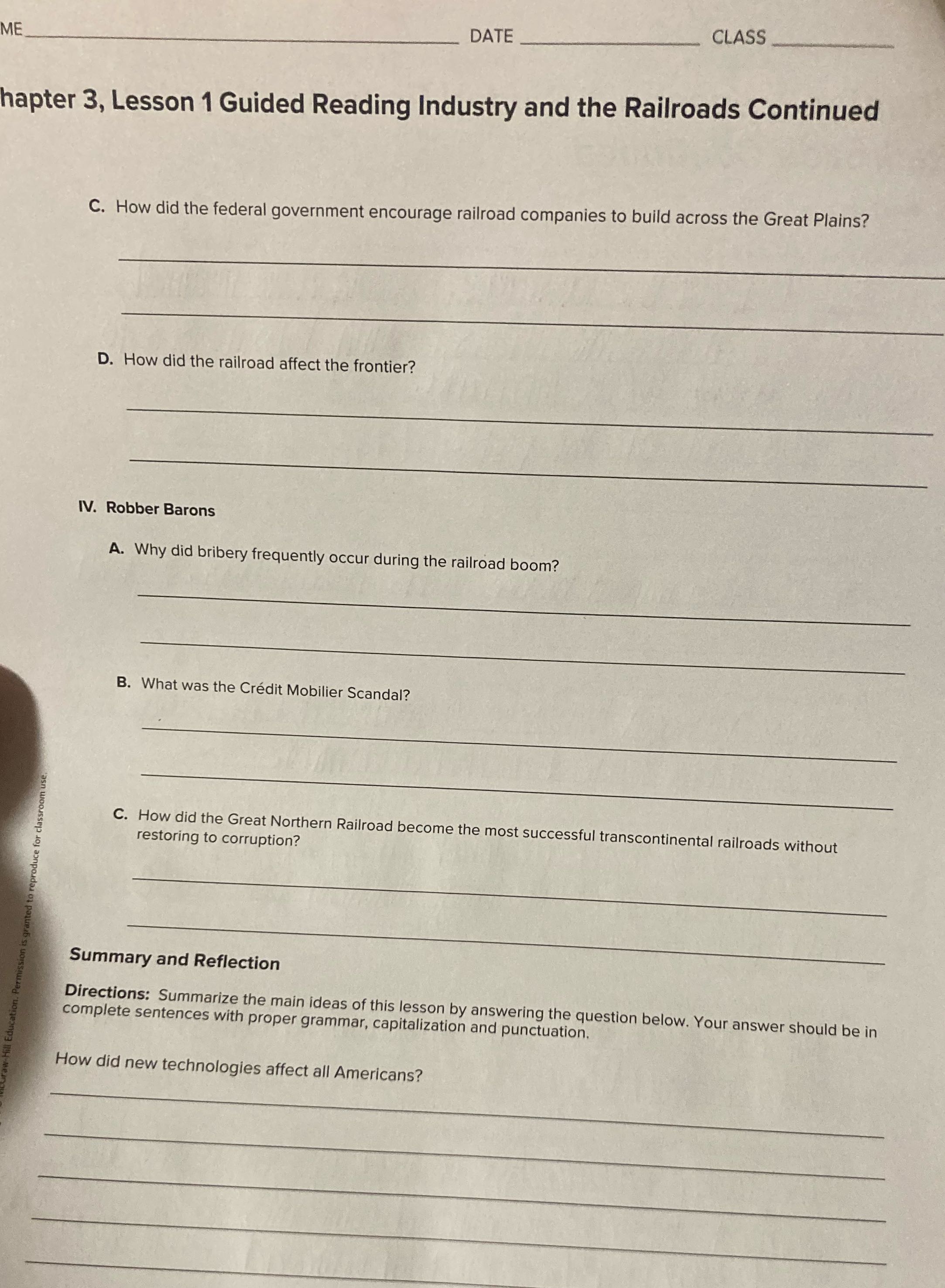 DATE CLASS ME hapter 3, Lesson 1 Guided Reading