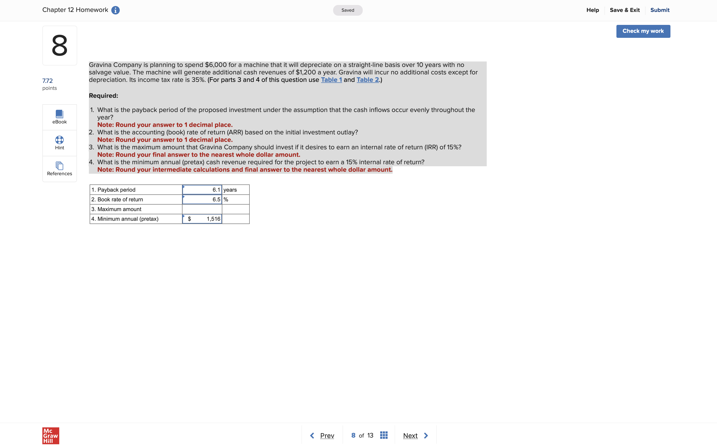 Chapter 12 Homework @ Saved 8 772 points eBook 8
