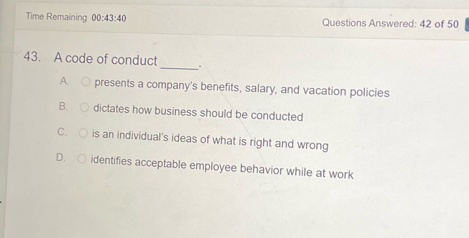 Time Remaining 00:43:40 Questions Answered: 42 of