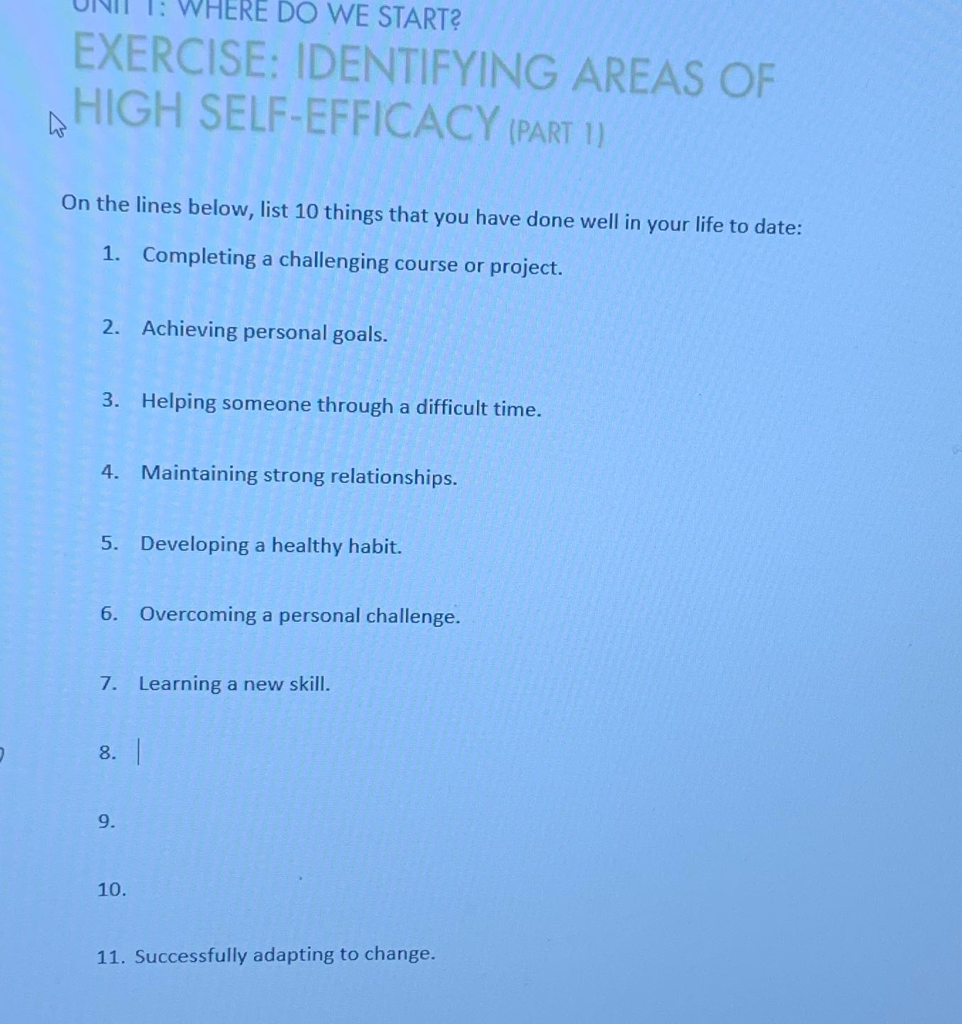 Give more more than 10 UNIT : WHERE DO WE START?