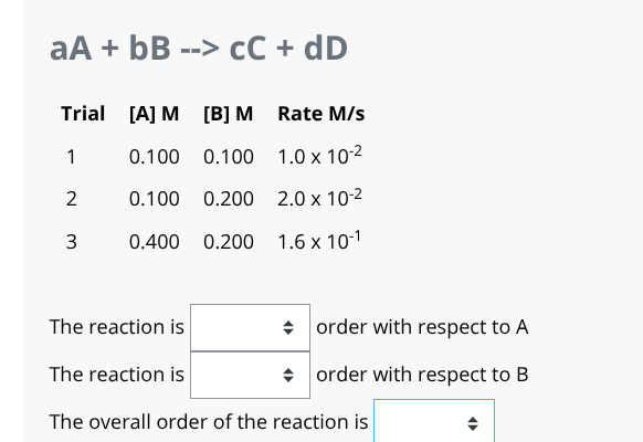 answer aA + bB --> cC + dD Trial [A] M [B] M Rate