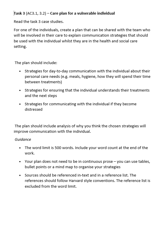 Task 3 (AC3.1, 3.2) Care plan for a vulnerable