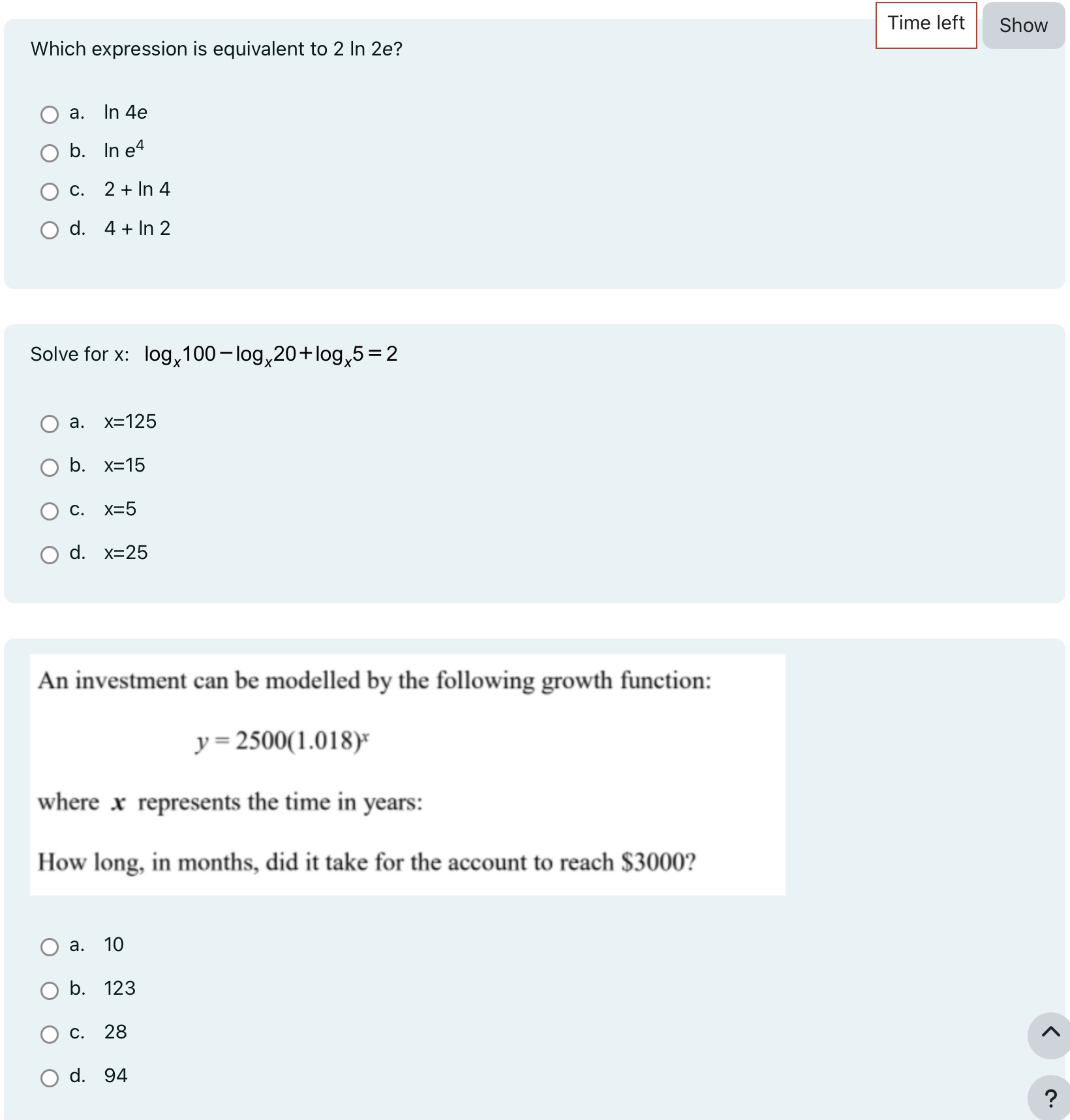 Which expression is equivalent to 2 In 2e? Time