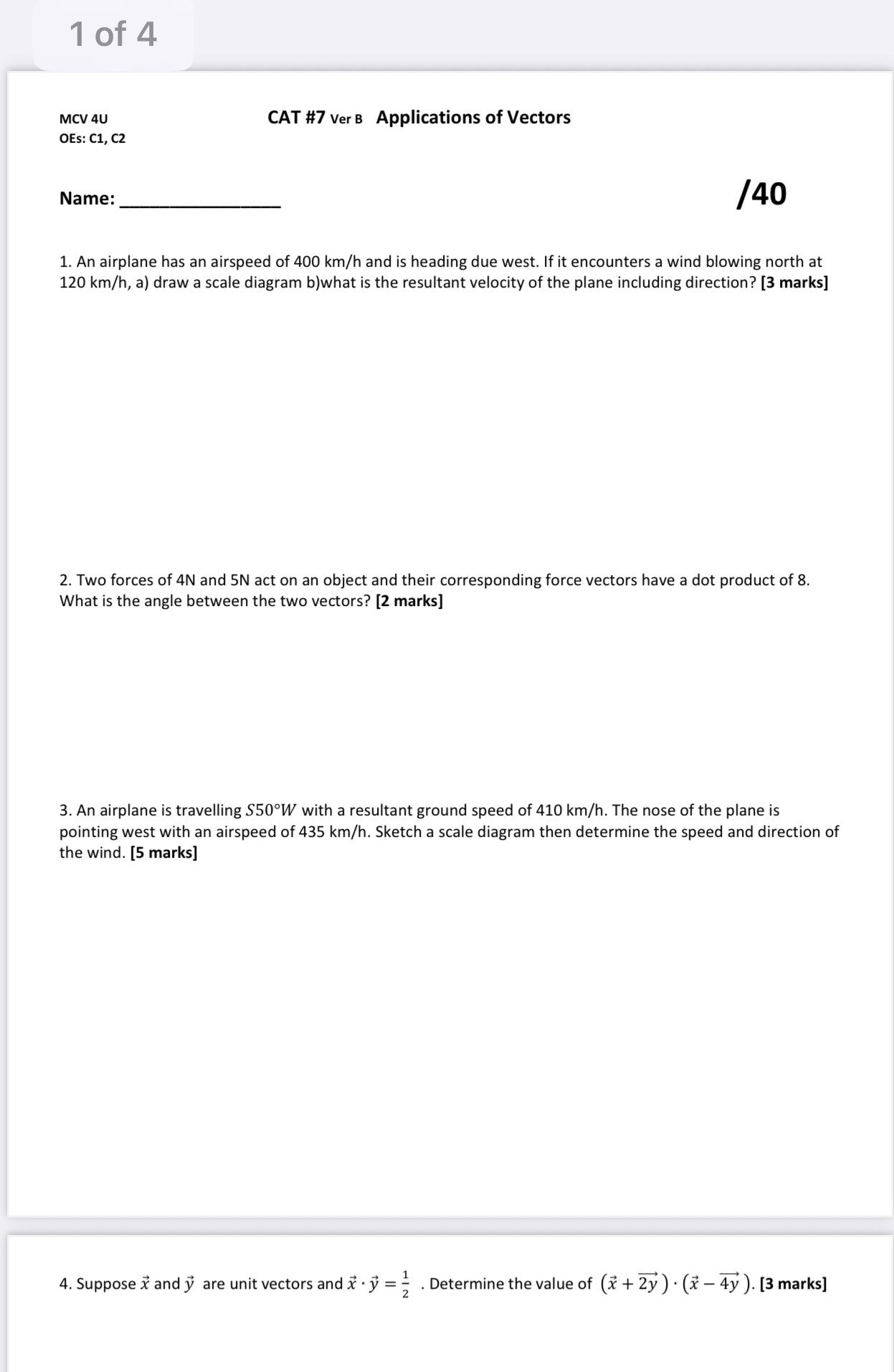 answer all these show all work 1of 4 MCV 4U CAT