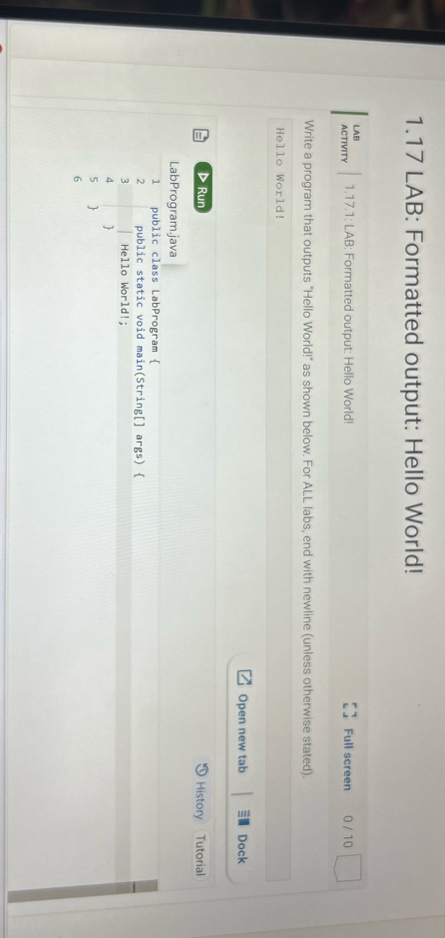 1.17 LAB: Formatted output: Hello World! LAB