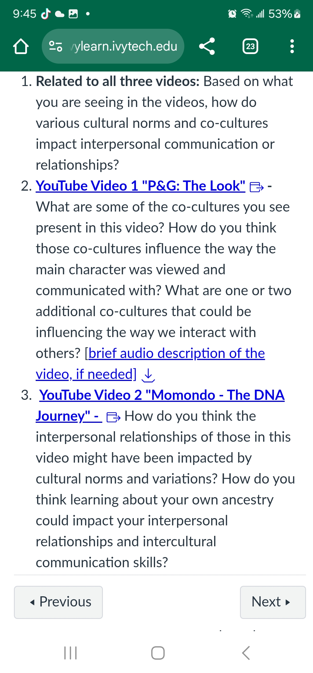 9:45 fia - an ols hl (} 26 ylearn.ivytechedu [II