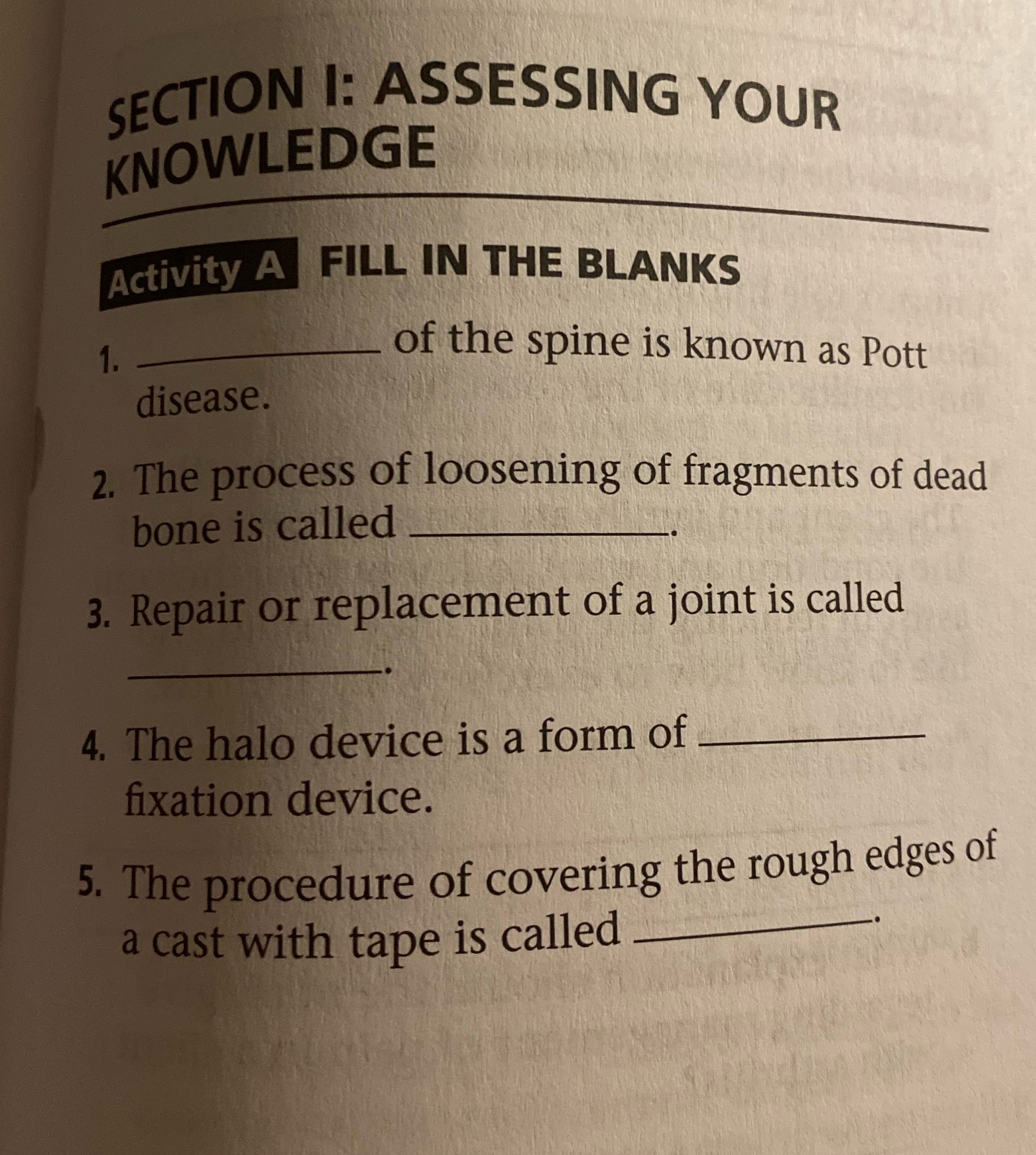 SECTION : ASSESSING YOUR KNOWLEDGE Activity A
