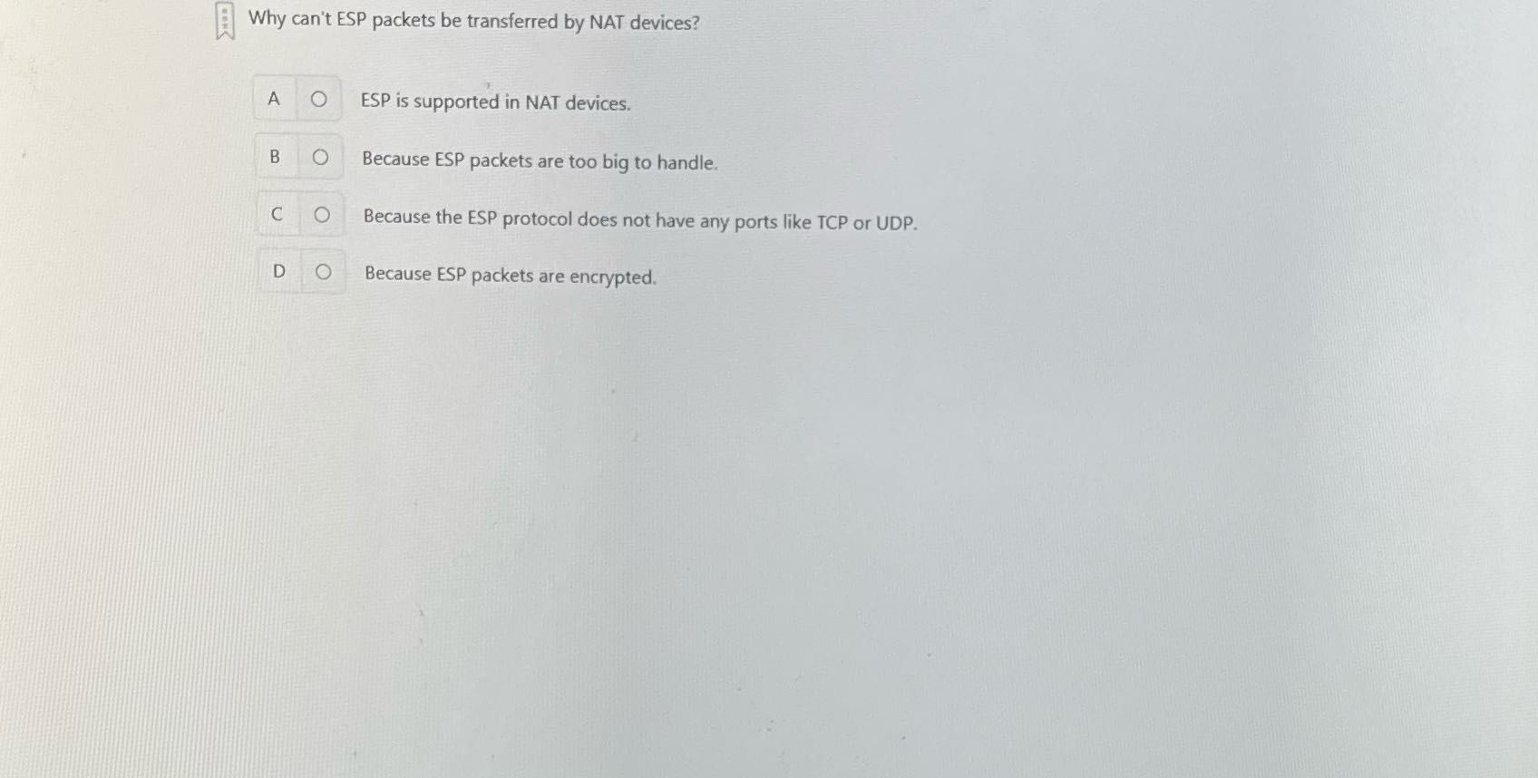 Why can't ESP packets be transferred by NAT