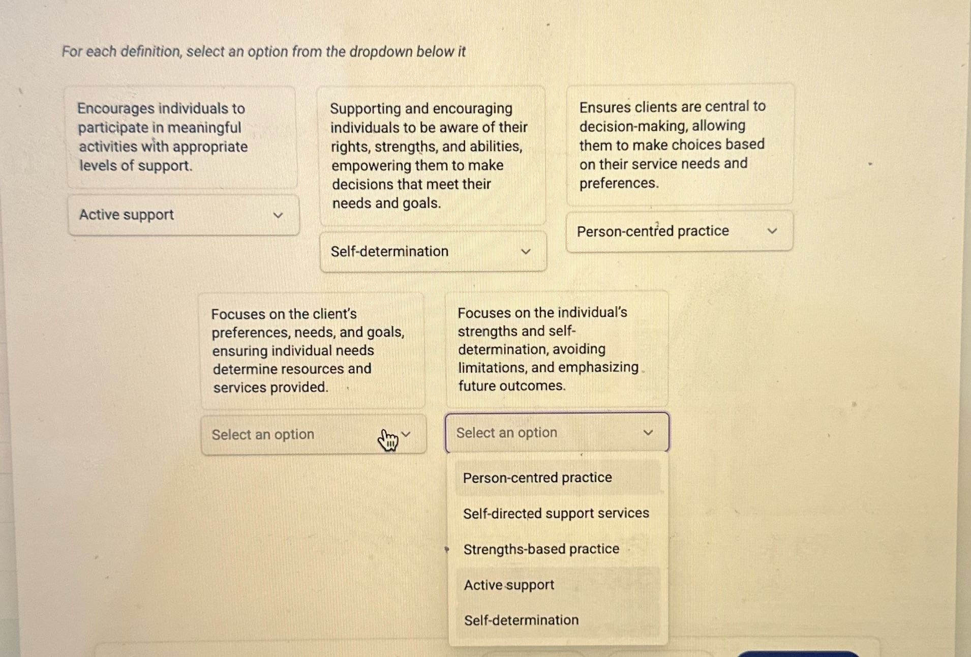 For each definition, select an option from the