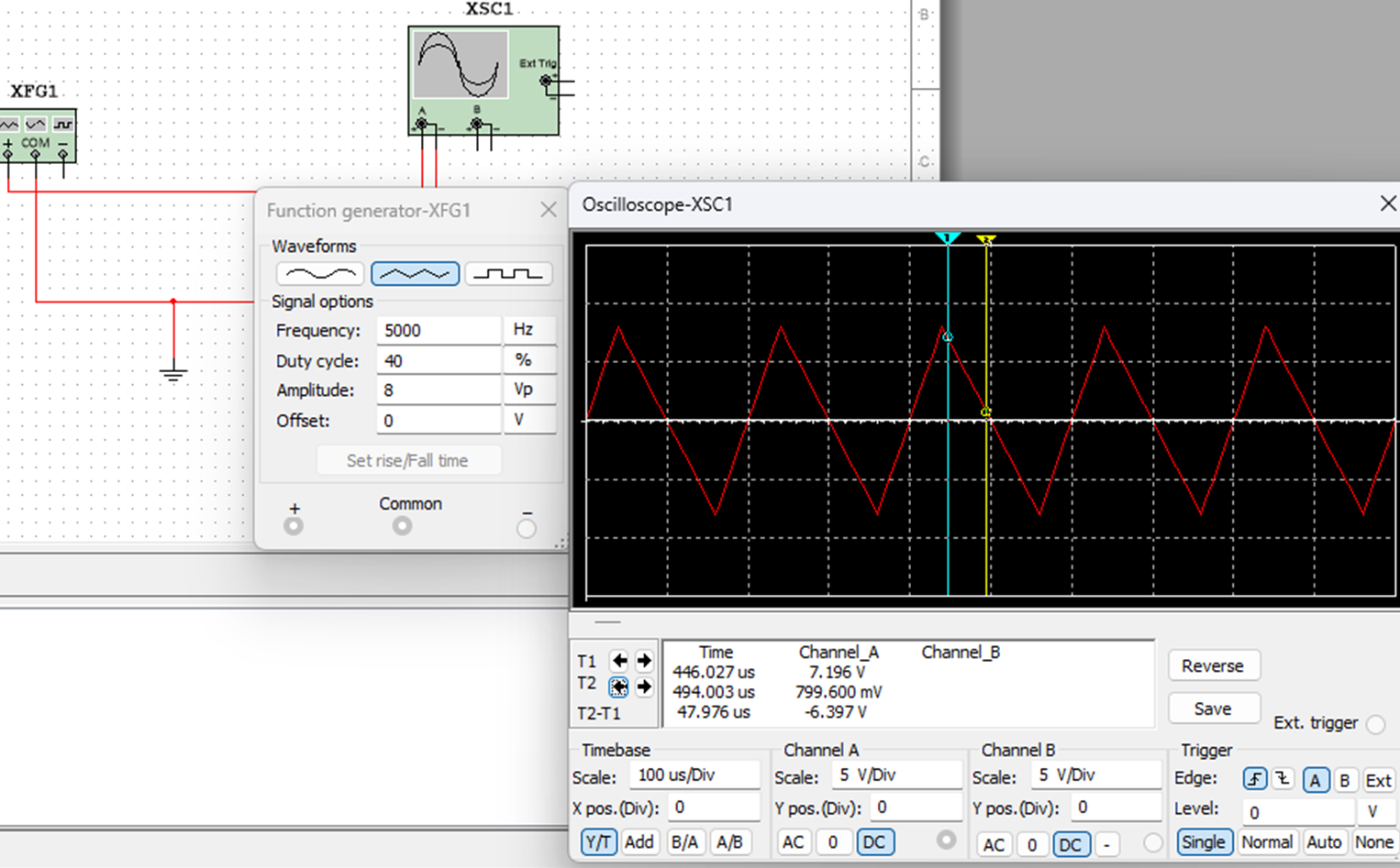 On the oscilloscope, set the timebase to 100