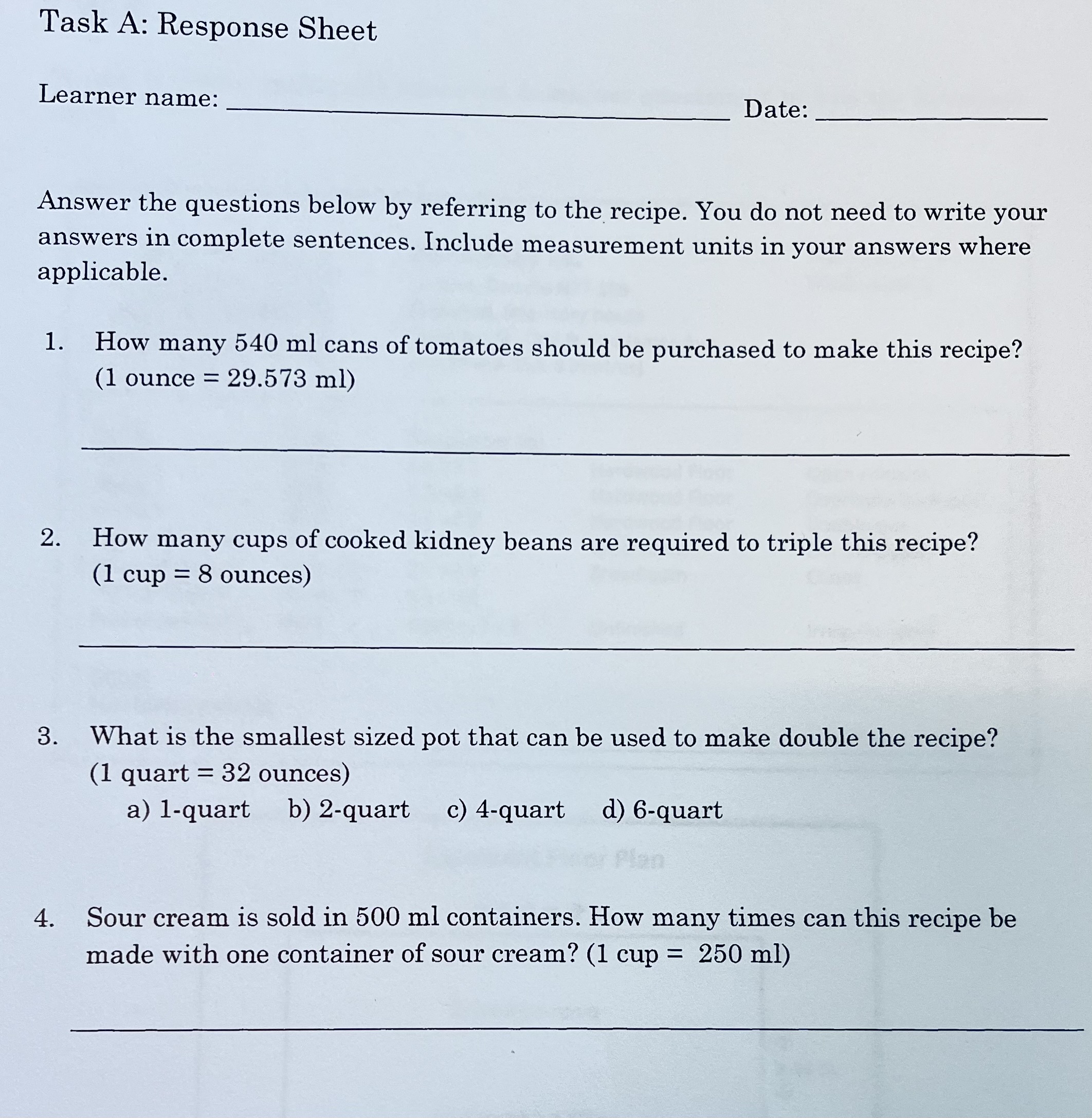 Task A: Response Sheet Learner name: Date: Answer