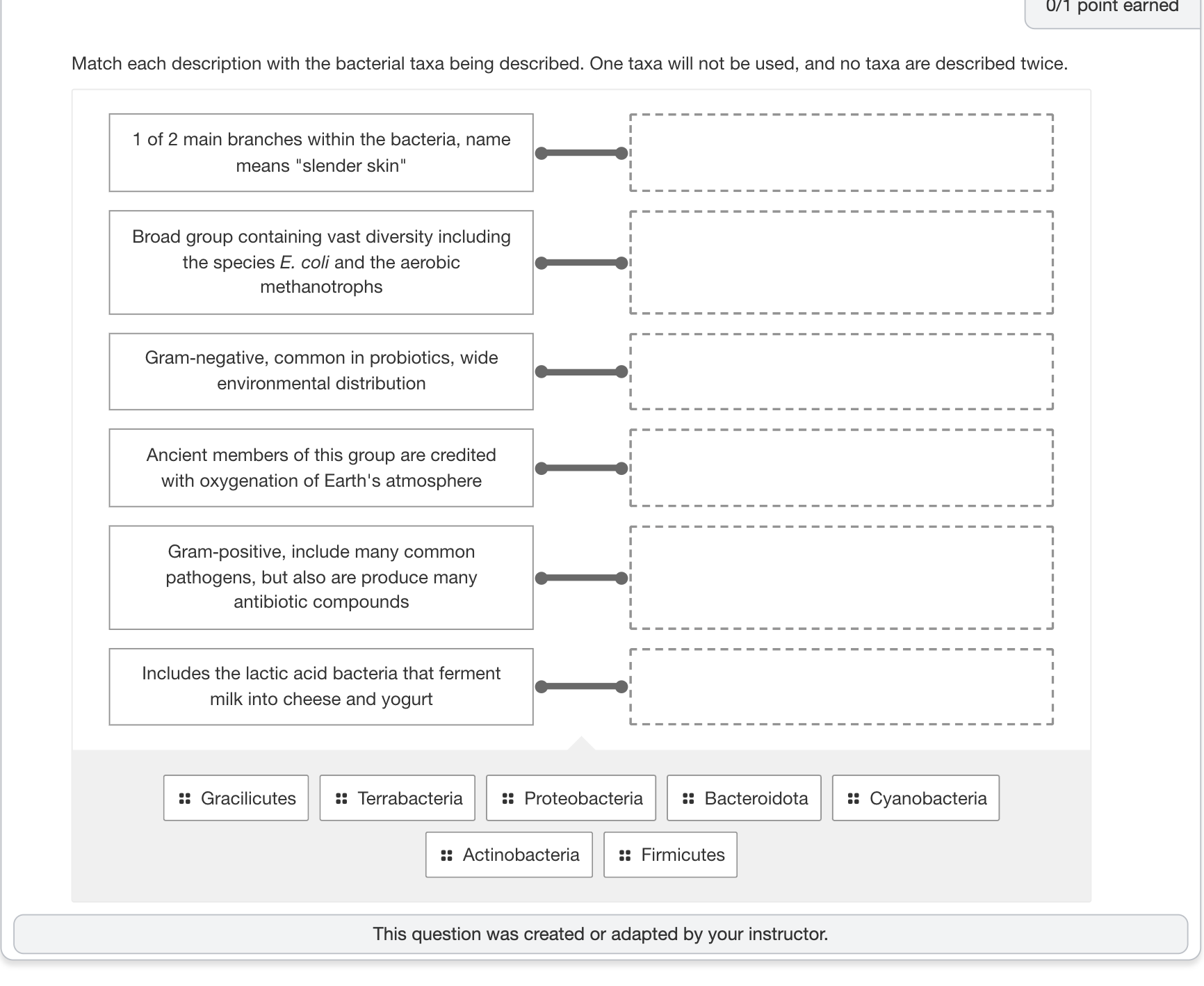 answer U/1 point earned Match each description