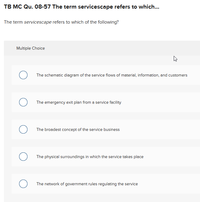 TB MC Qu. 08-57 The term servicescape refers to