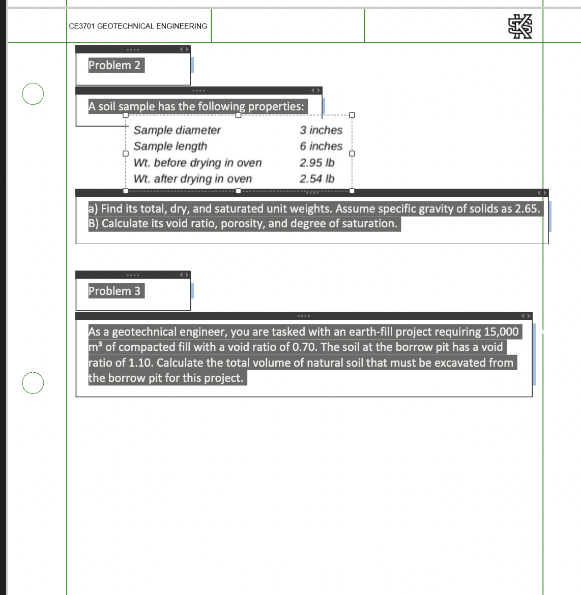 CE3701 GEOTECHNICAL ENGINEERING ssignment 1: