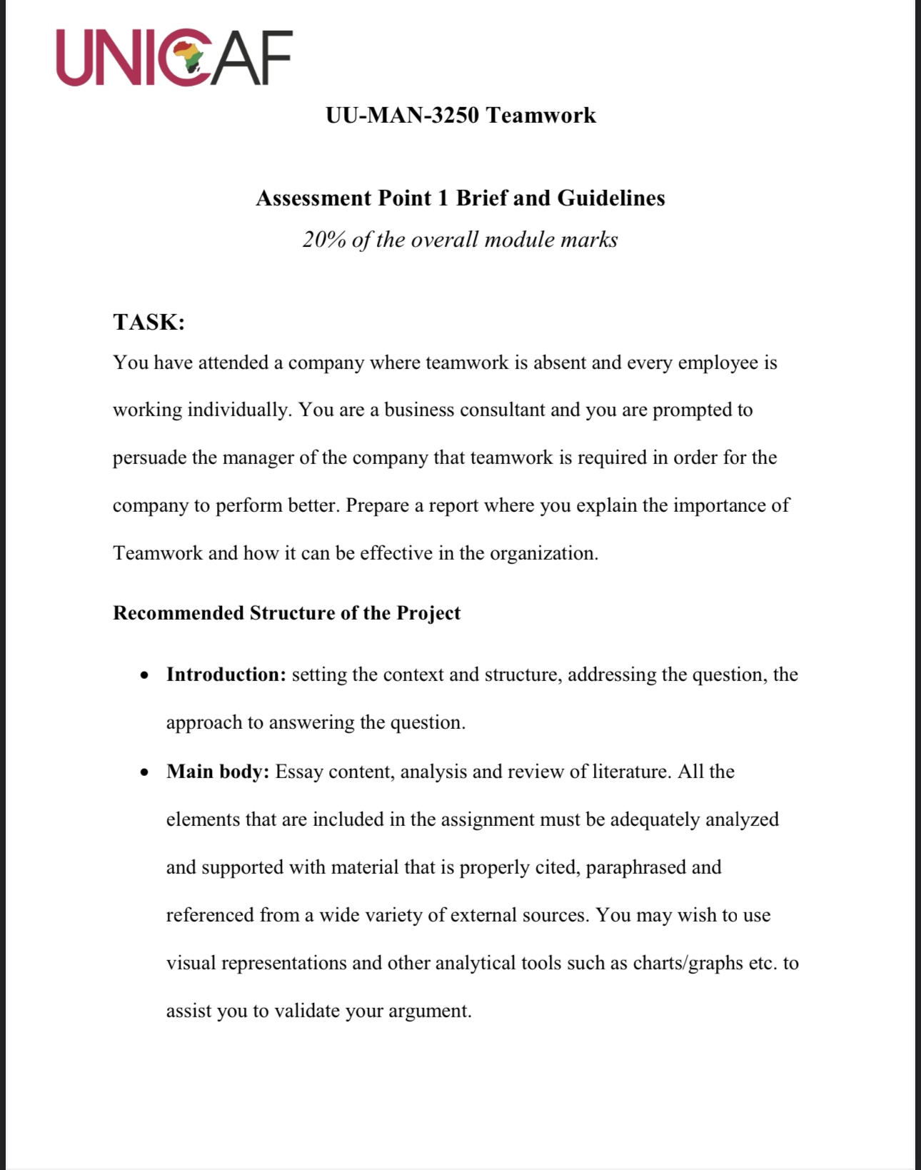 UNIGAF U-MAN-3250 Teamwork Assessment Point 1