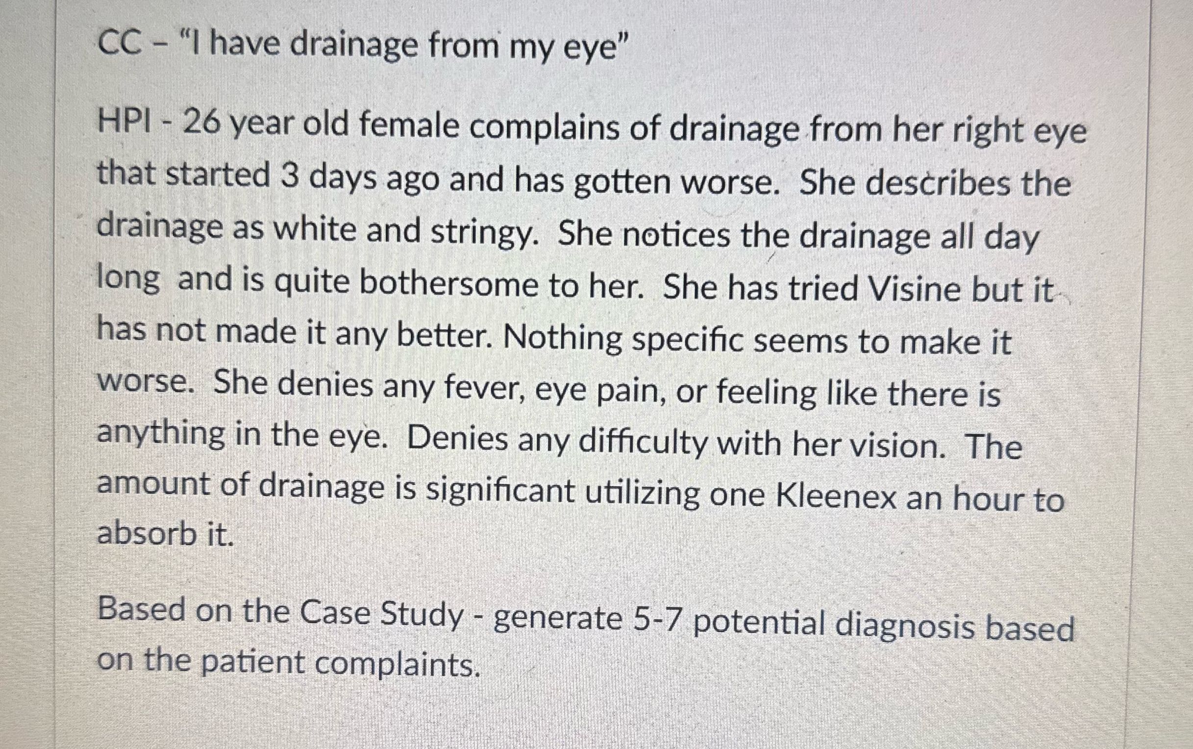 CC - "I have drainage from my eye" HPI - 26 year