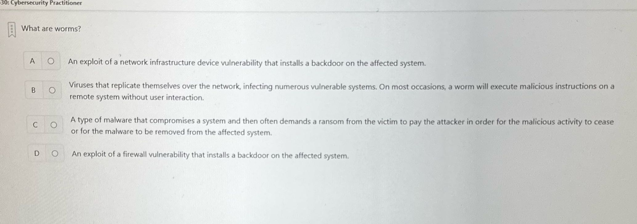 30: Cybersecurity Practitioner What are worms? A