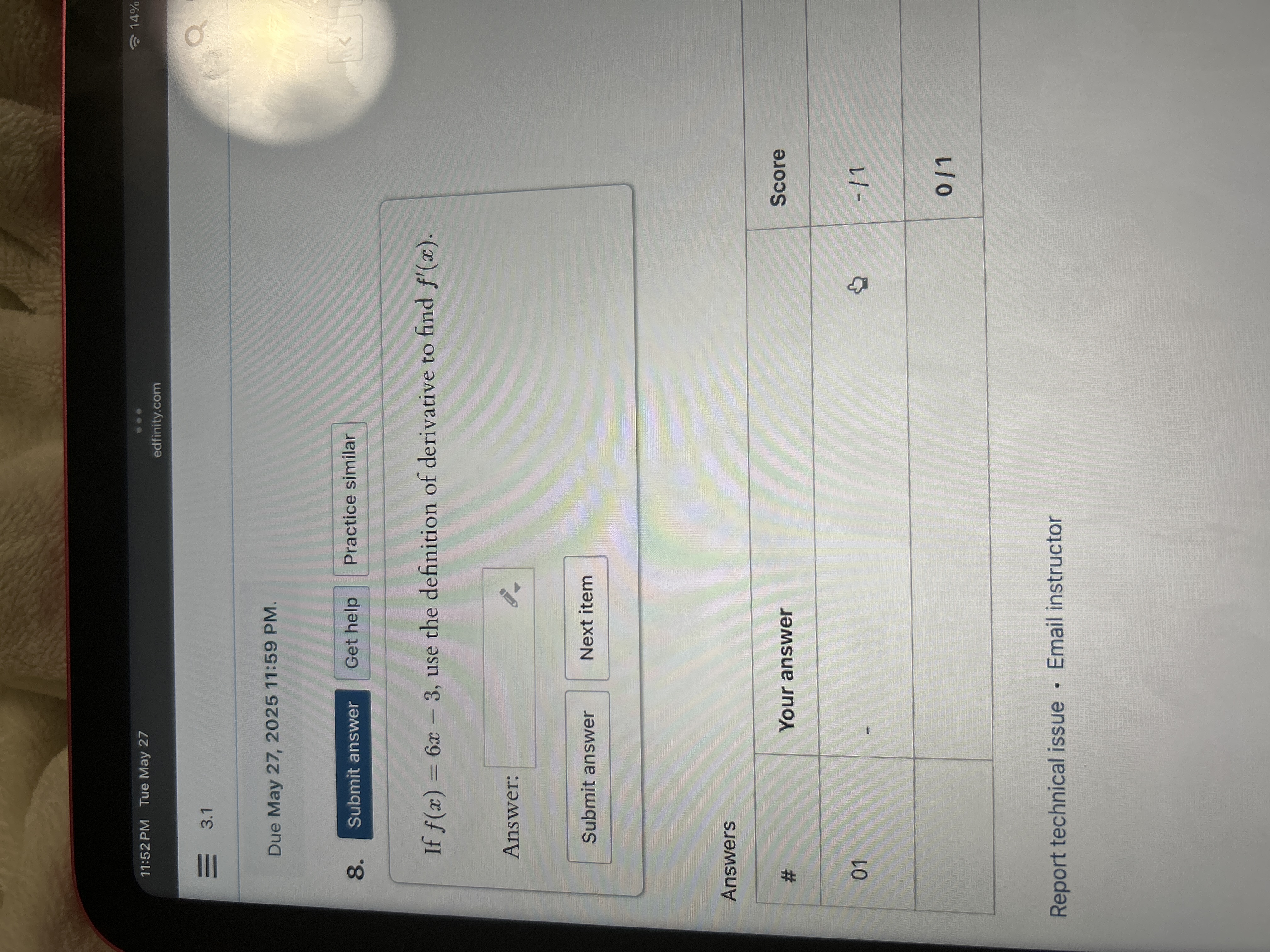 Answer 11:52 PM Tue May 27 14% edfinity.com = 3.1