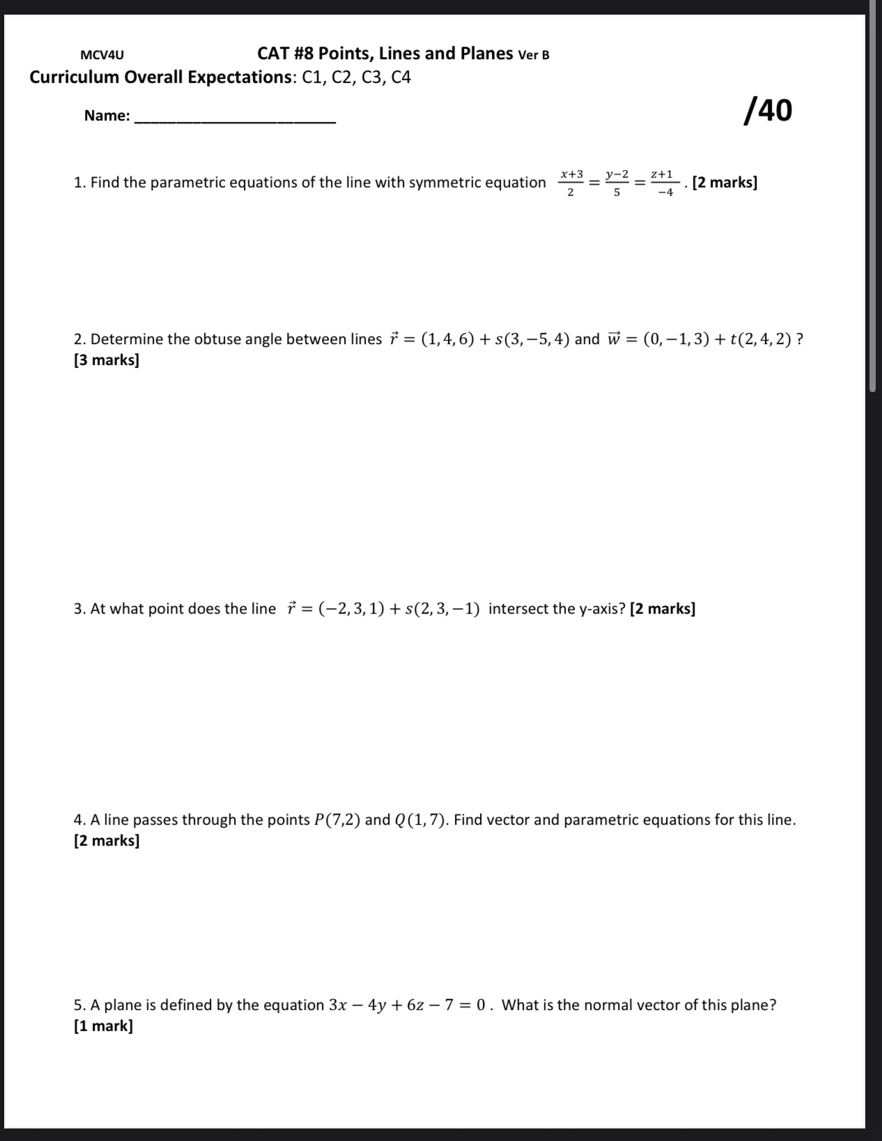 answer all show work MCV4uU CAT #8 Points, Lines