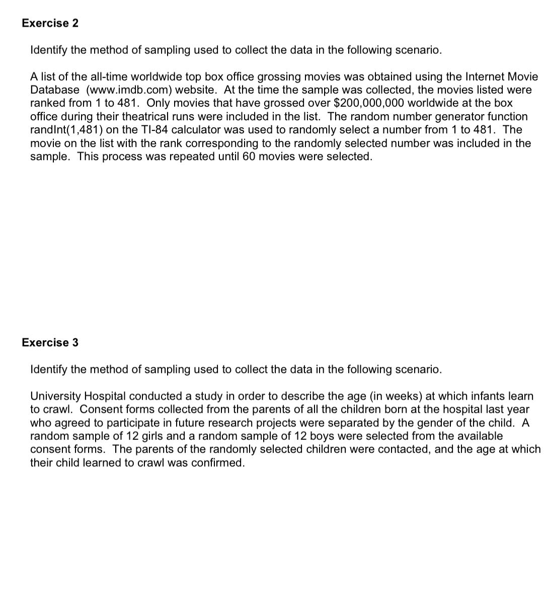 Answer what the sampling method is from exercise