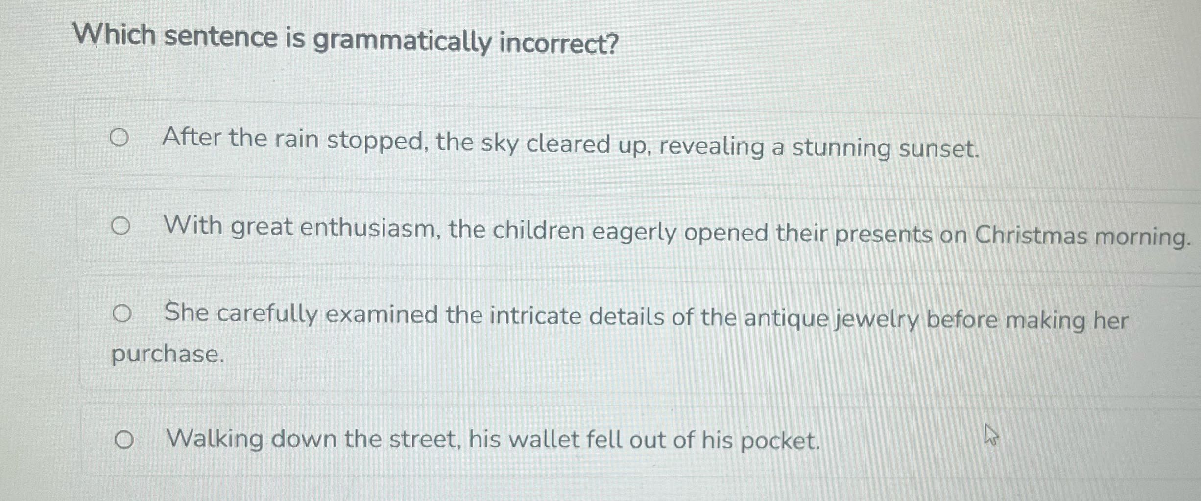 Which sentence is grammatically incorrect? O