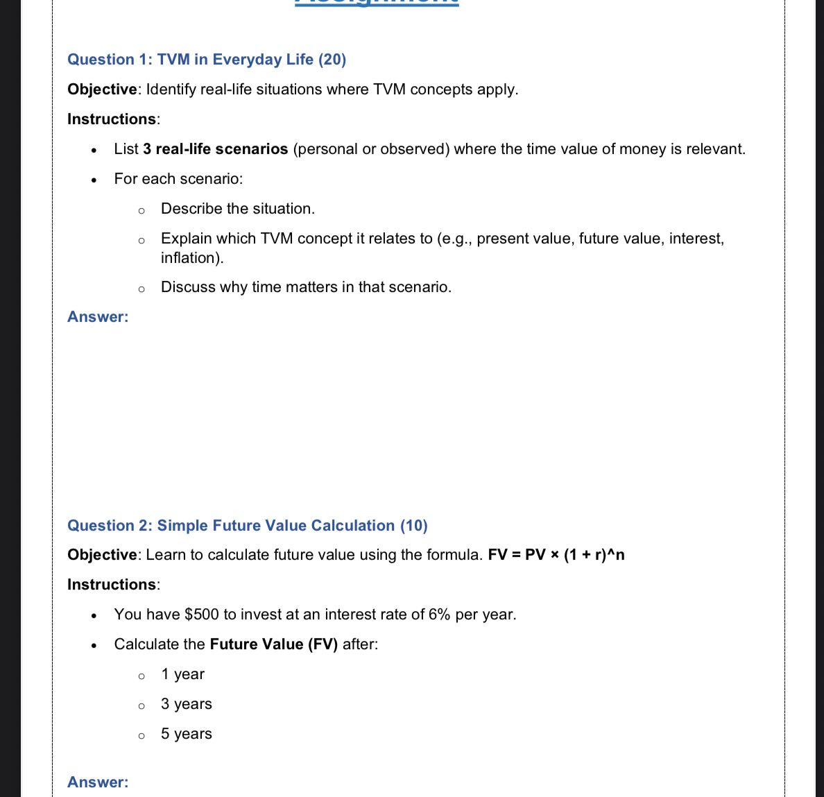 V Question 1: TVM in Everyday Life (20)