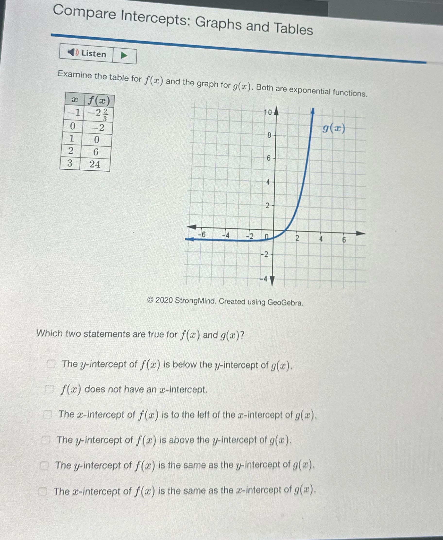 Compare Intercepts: Graphs and Tables Listen