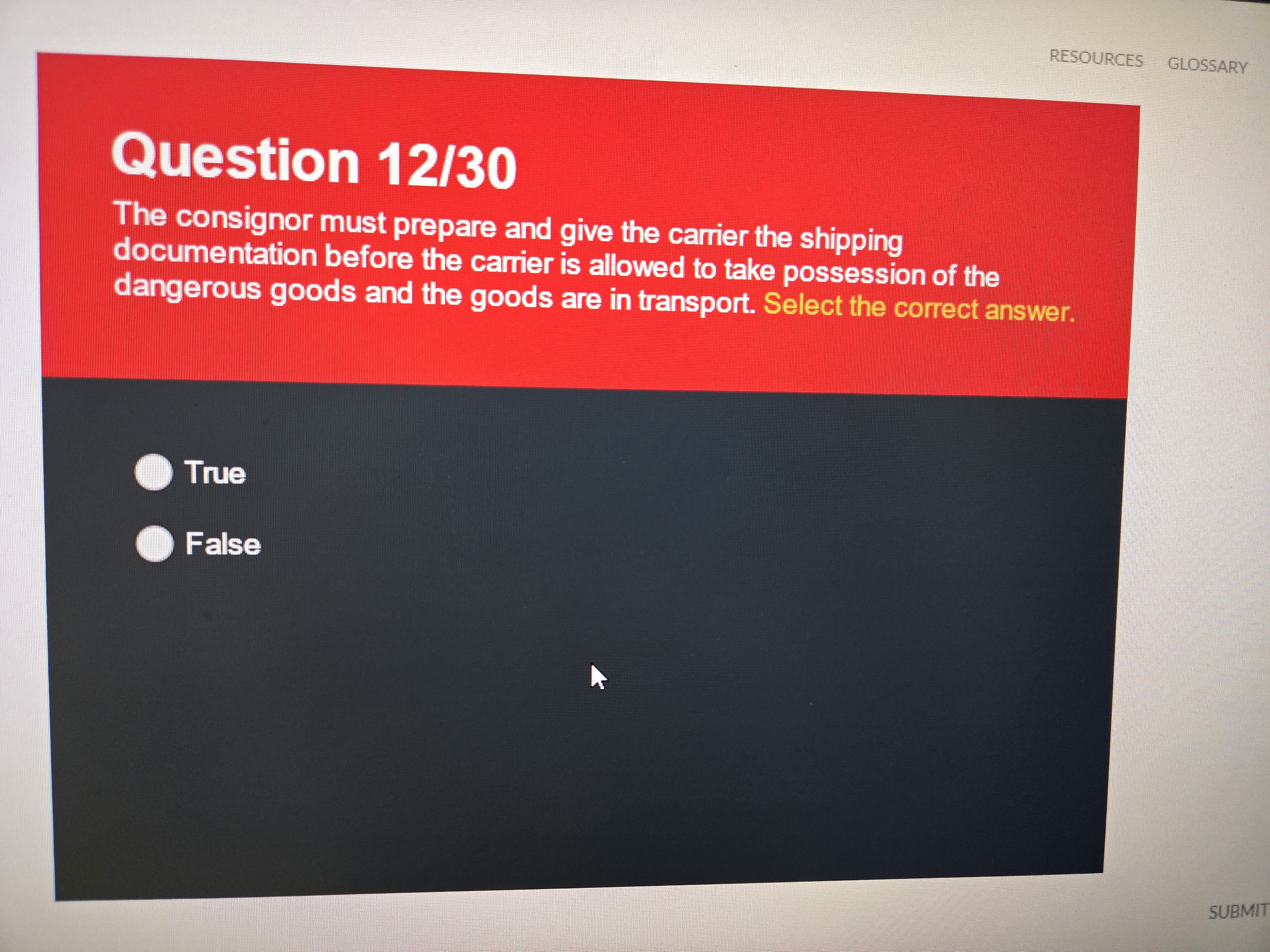 correct answer RESOURCES GLOSSARY Question 12/30