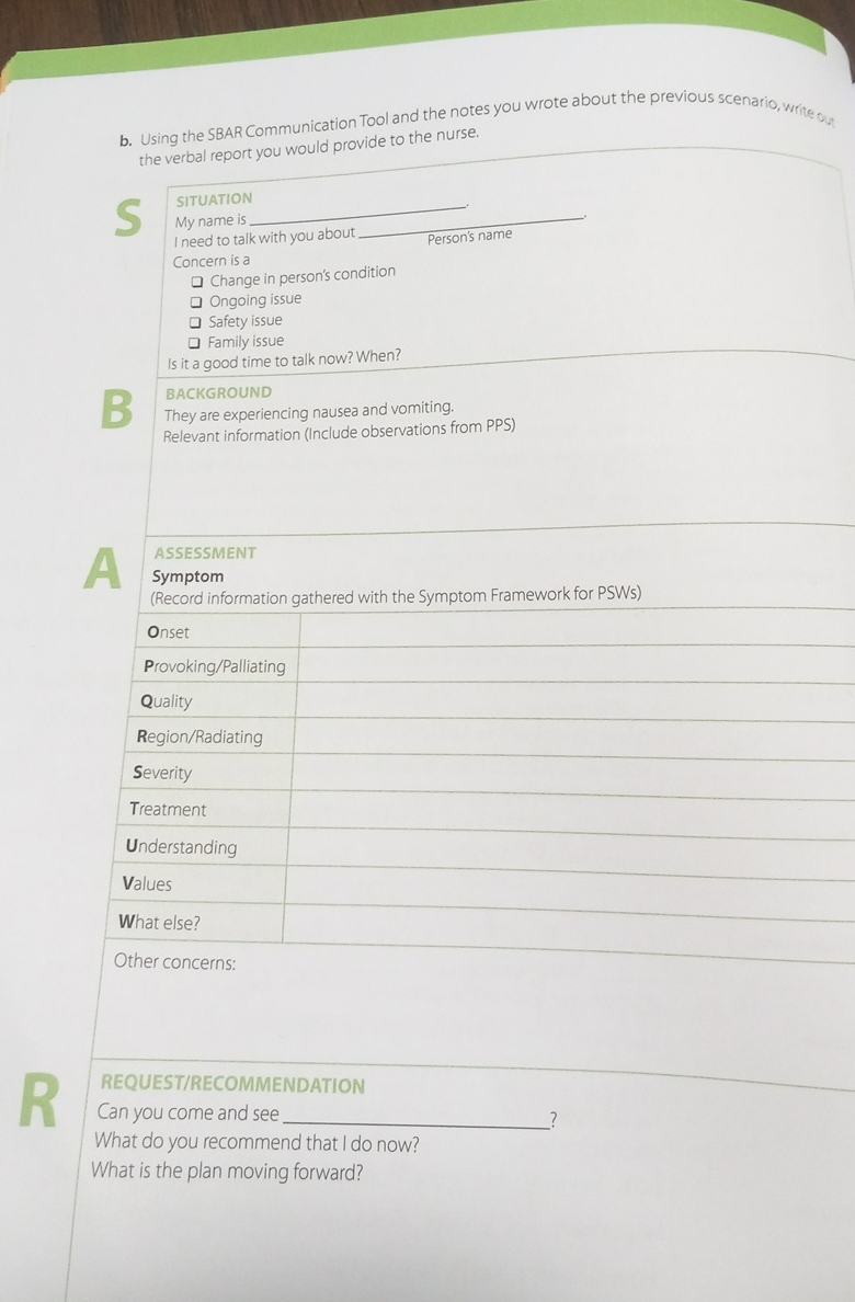 b. Using the SBAR Communication Tool and the