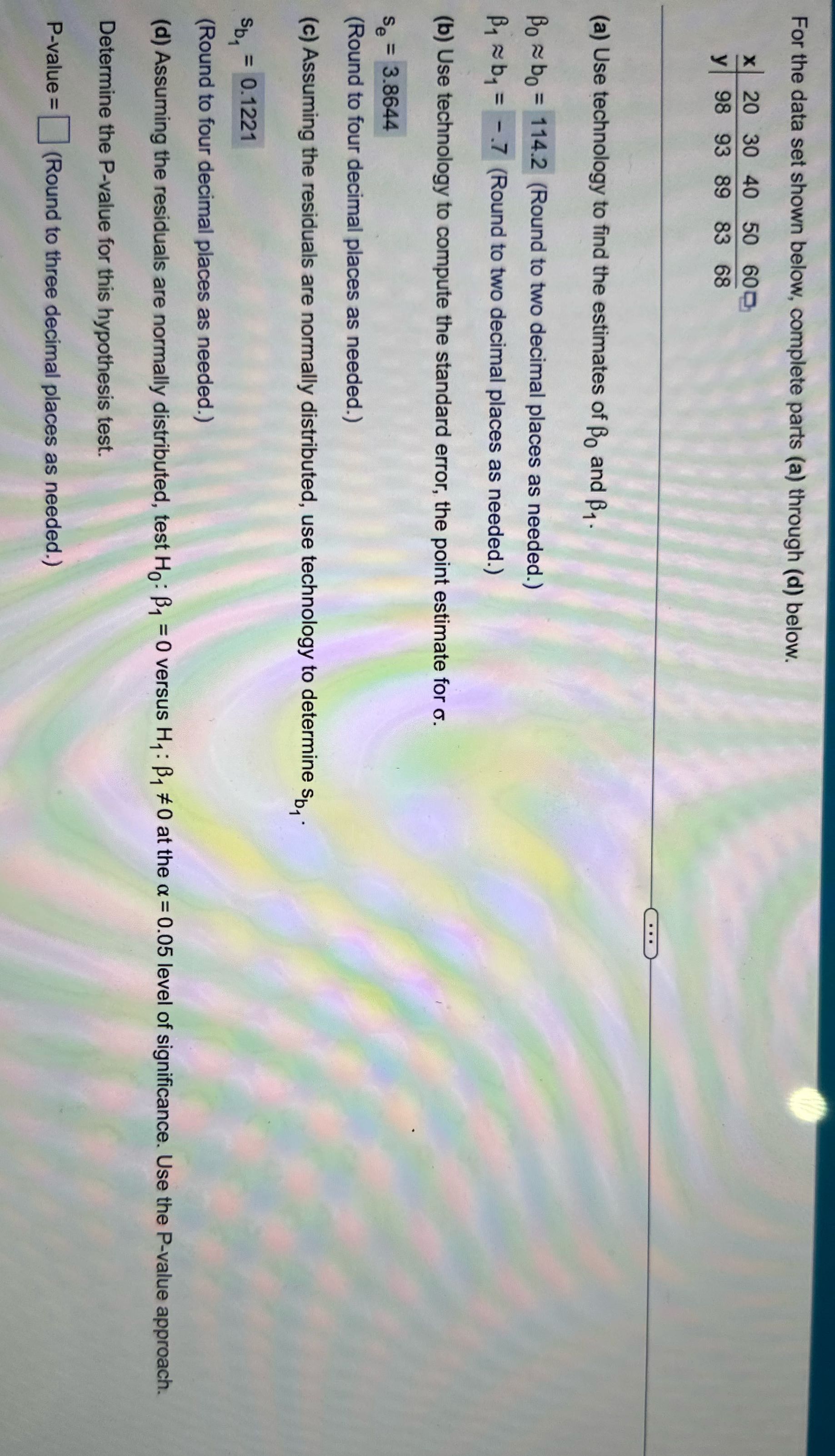 Answer d For the data set shown below, complete