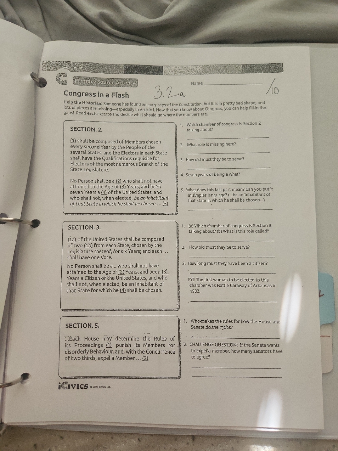 Answer Primary Source Activity Name Congress in a