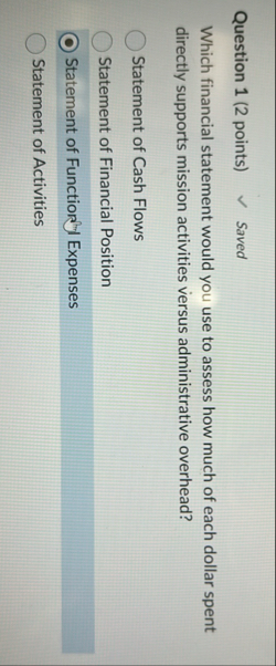 Question 1 ( 2 points ) Saved Which financial