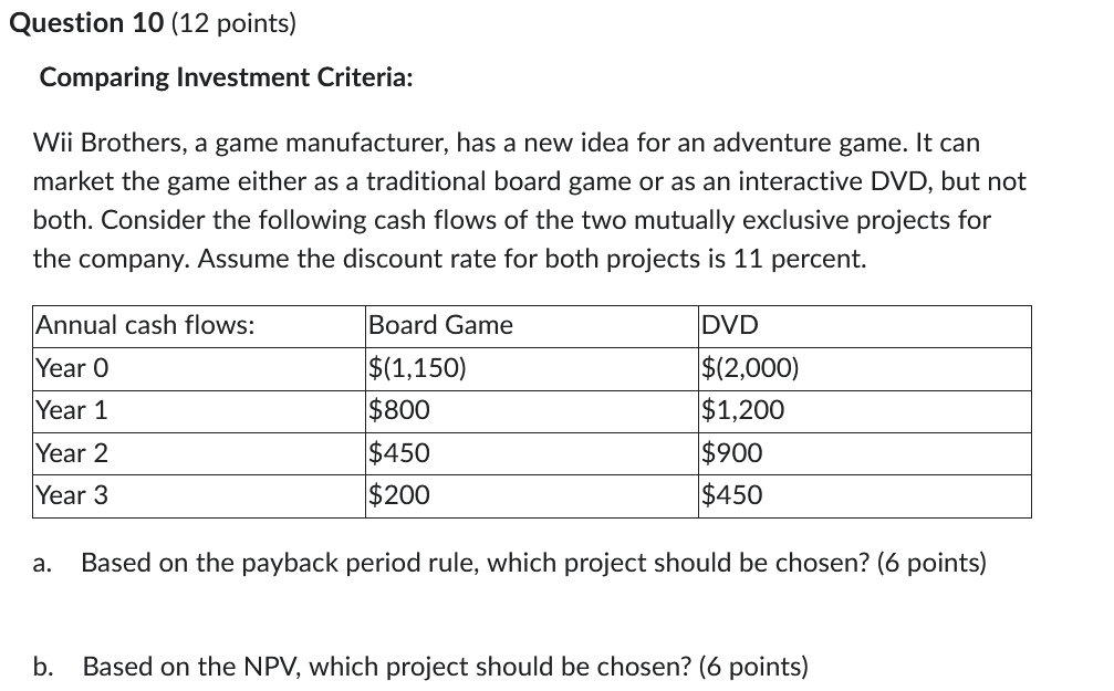 Question 1 0 ( 1 2 points ) Comparing Investment