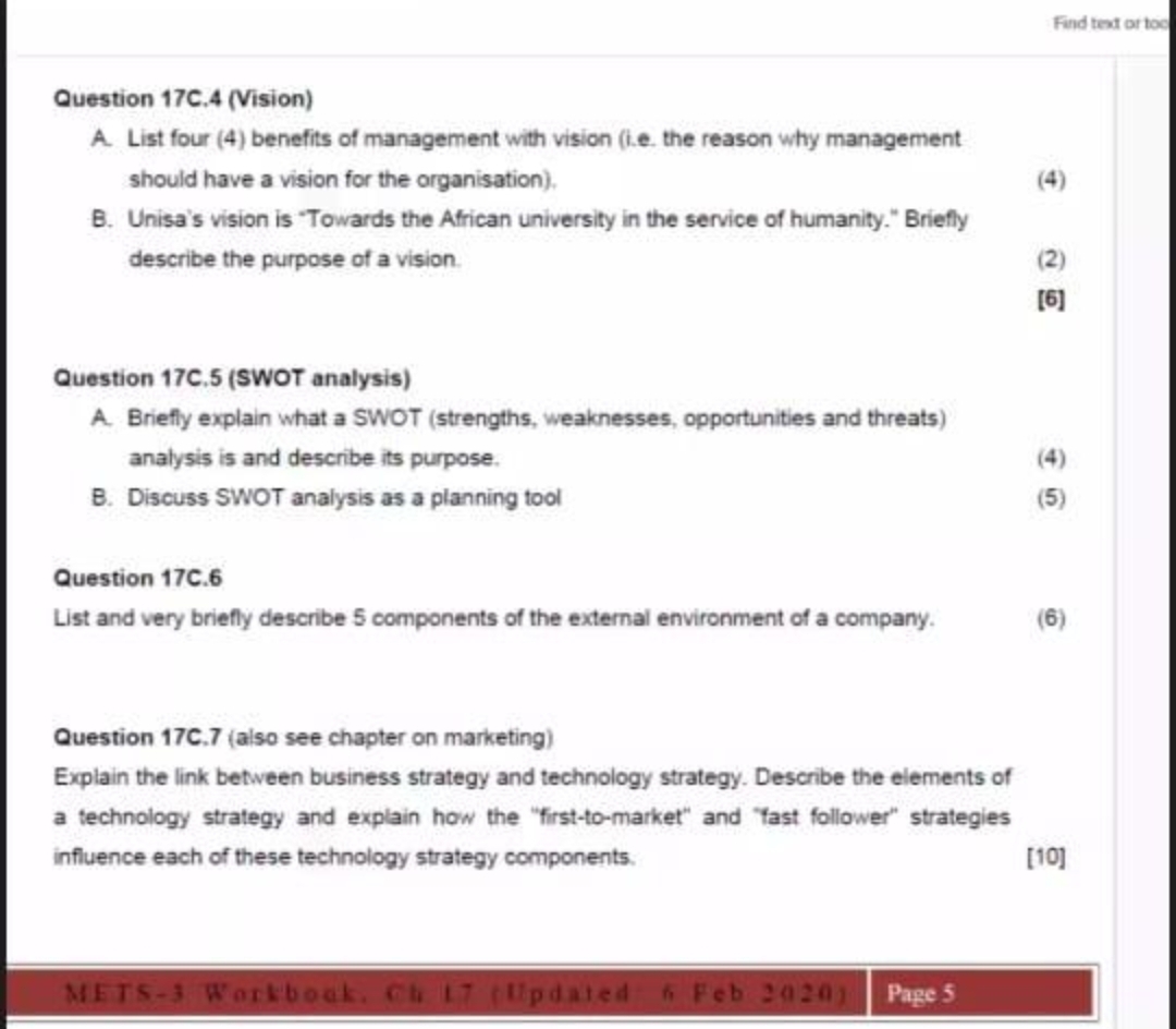 Find text or toc Question 1 7 C . 4 ( Vision ) A