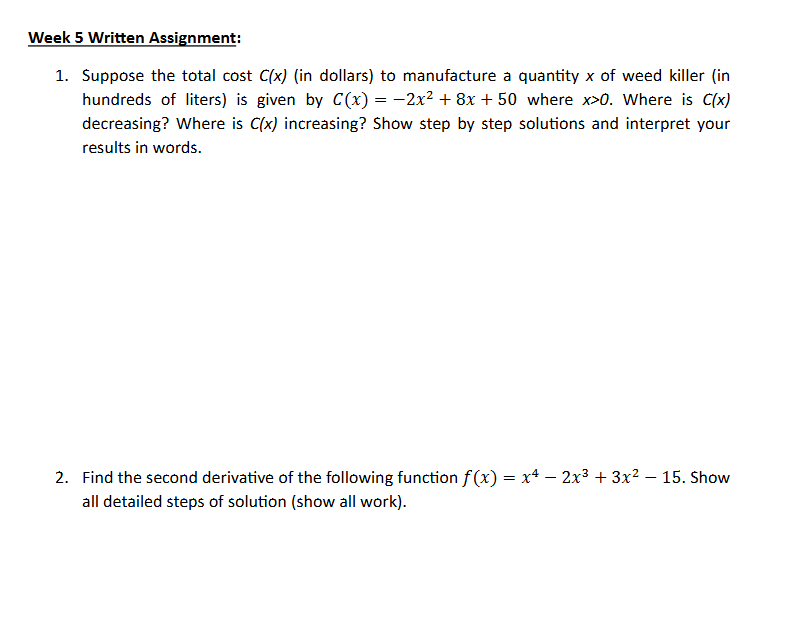 Week 5 Written Assignment: Suppose the total cost