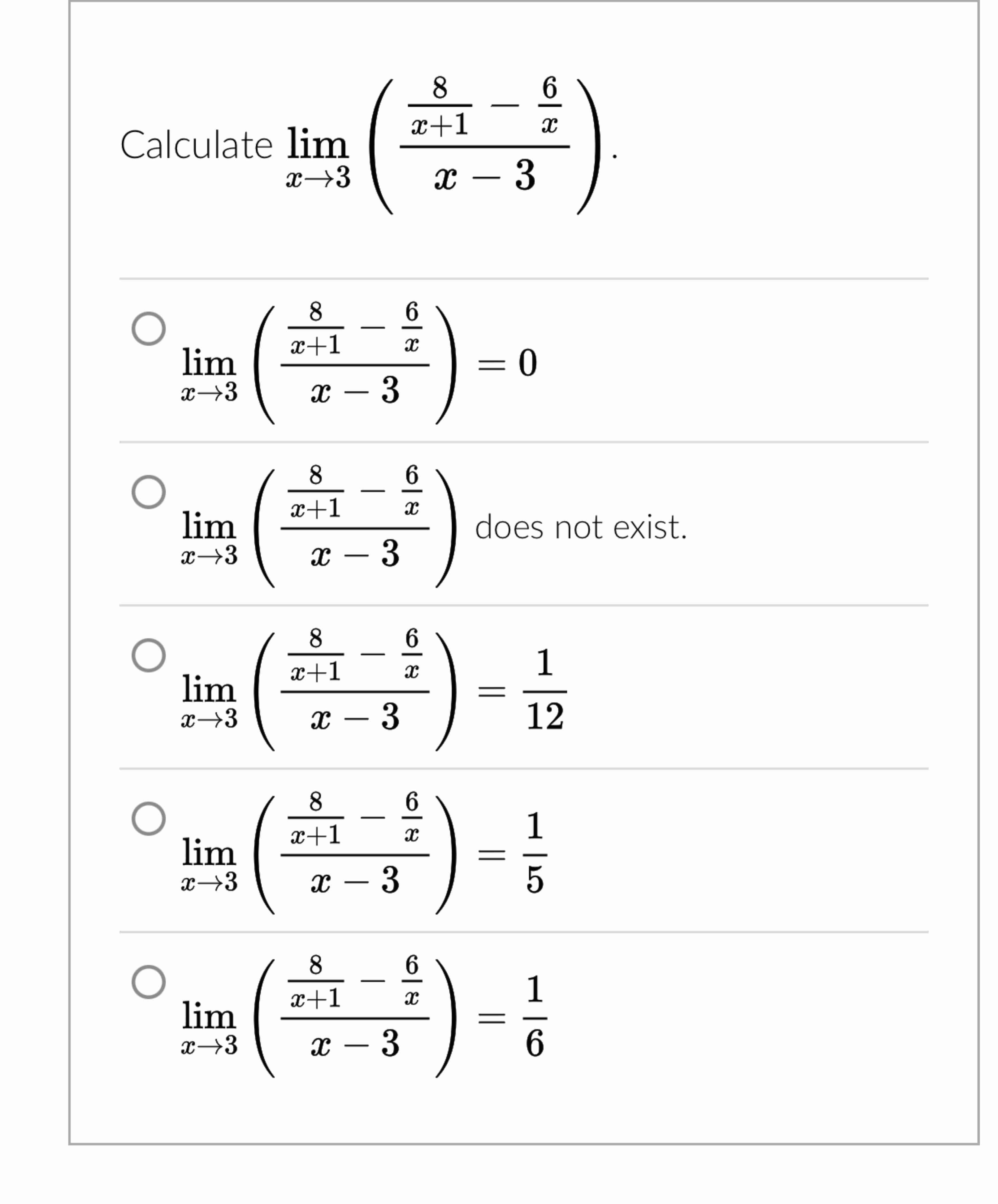 Calculate lim x 3 ( 8 x + 1 - 6 x x - 3 ) . lim x