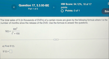 Question 1 7 , 3 . 3 . 9 3 - BE Part 1 of 5 HW