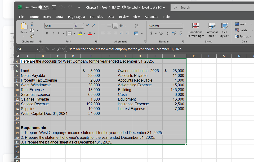 X AutoSave Off ) Chapter 1 - Prob. 1-43A (5) @ No