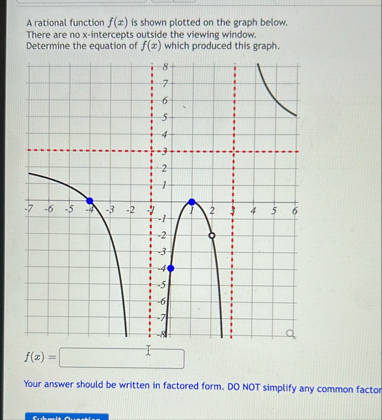 A rational function f ( x ) is shown plotted on