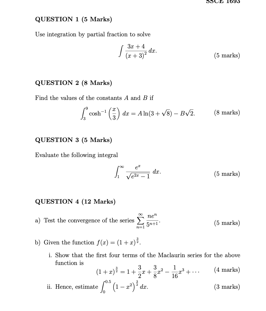 QUESTION 1 ( 5 Marks ) Use integration b y