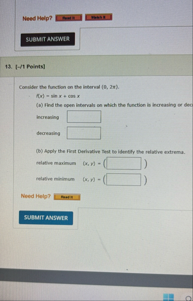 Need Help? 1 3 . [ - / 1 Points ] Consider the