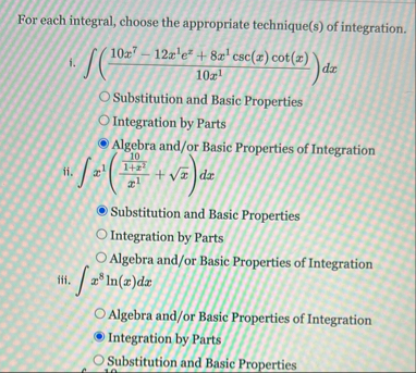 For each integral, choose the appropriate