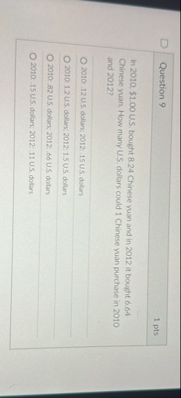 Question 9 1 pts In 2 0 1 0 , $ 1 . 0 0 U . S .