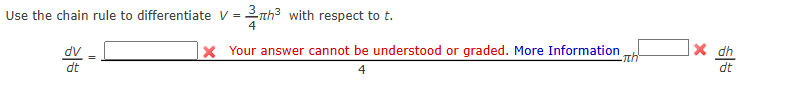 Use the chain rule t o differentiate V = 3 4 h 3