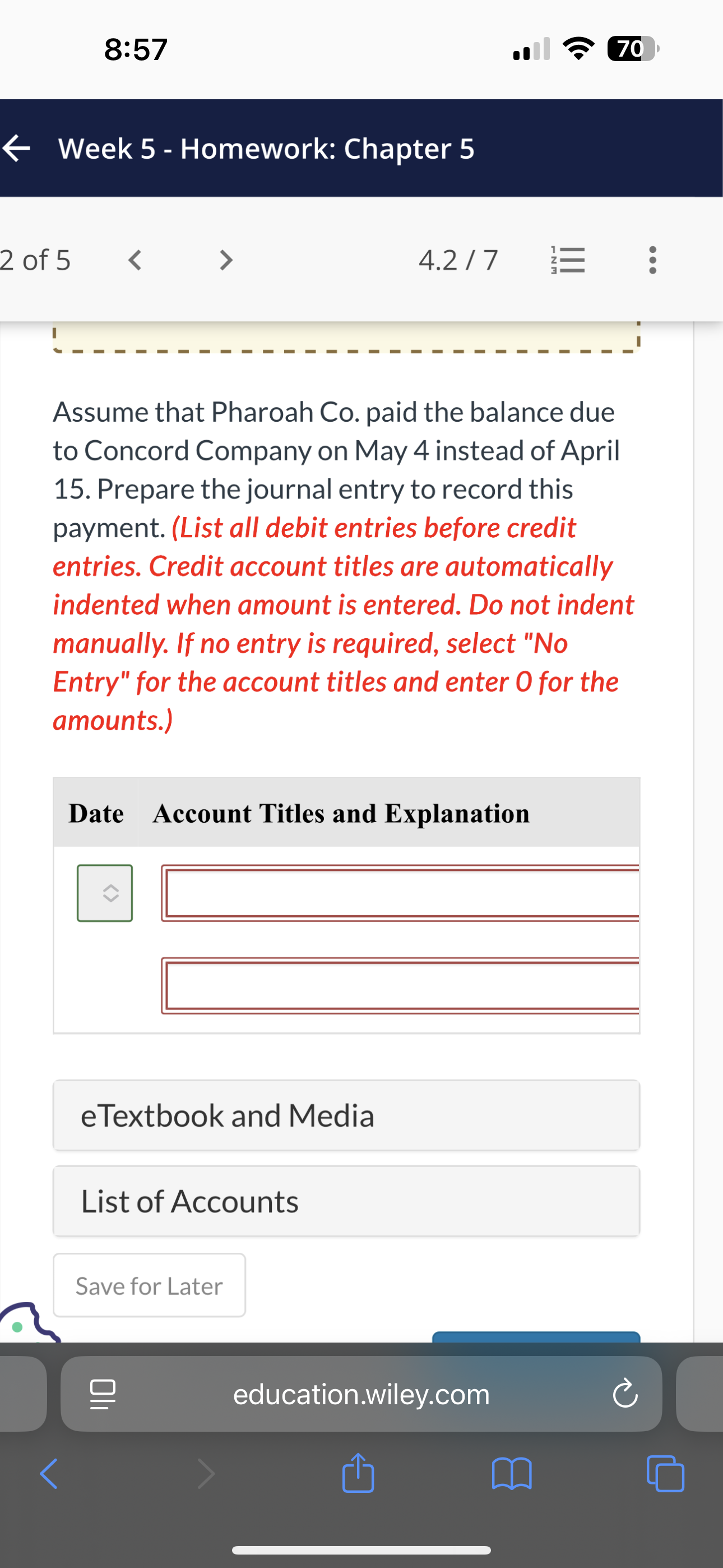 8:57 ob > | 70 Week 5 - Homework: Chapter 5 2o0f5