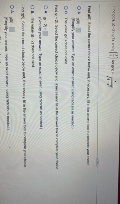 Find g ( 0 ) , g ( - 2 ) , g ( 5 ) , and g ( 3 2