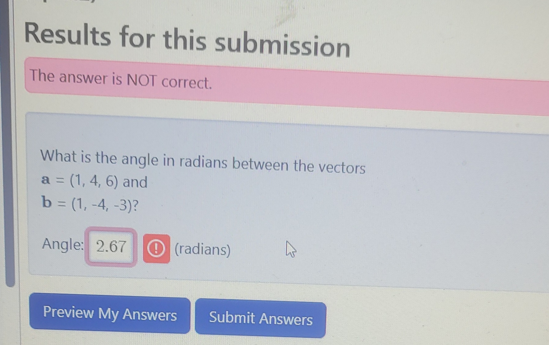 What i s the angle i n radians between the
